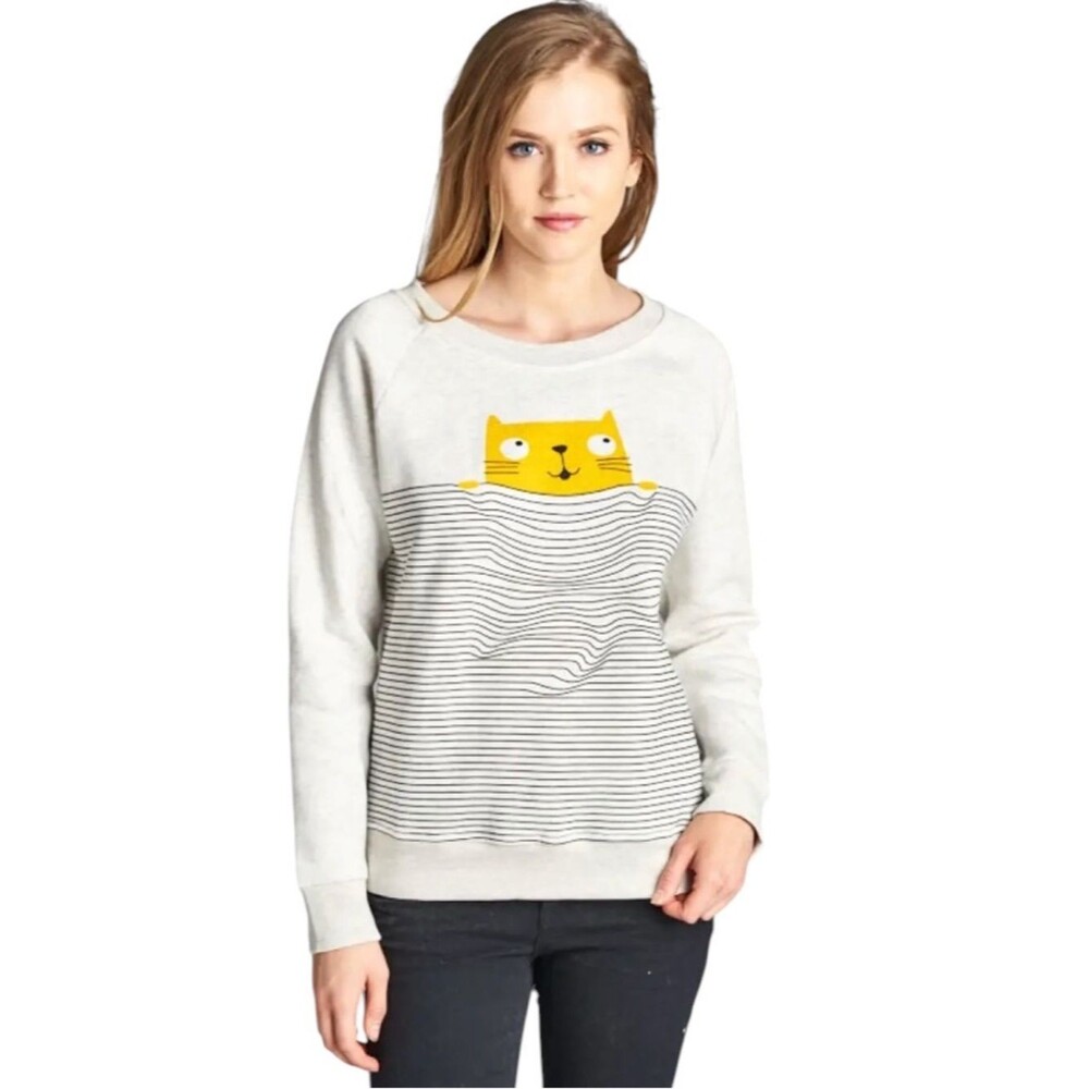 La Soul Cat With Stripe Print Sweatshirt Womens Size Medium Cotton Fleece